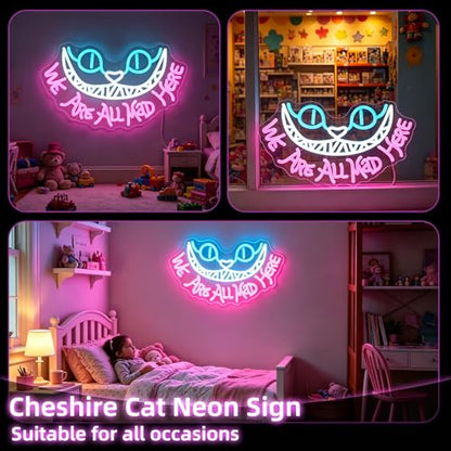Cheshire Cat Neon Sign for Wall Decor Alice In Wonderland Neon Light We're All Mad Here LED Sings for Bedroom Man Cave Party Bar Background Decoration Birthday Gifts