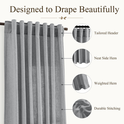 Grey Linen Curtains 120 Inches Long 2 Panels Drapes for Living Room (Grey / 50"W x 120"L (Pack of 2))