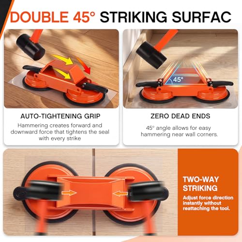 Floor Gap Fixer Tool Heavy Duty 45°Striking Surface Floor Gap Repair Tool Kit Iron Reinforced Suction Cup with Hammer Gloves and Sticky Pads for for Closing Gaps (Orange)