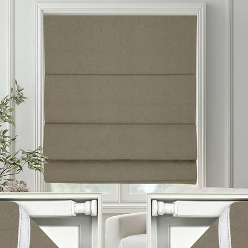 No Drill Roman Shades Cordless Blinds Blackout for Indoor Windows (Brown / 36"W x 50"H)