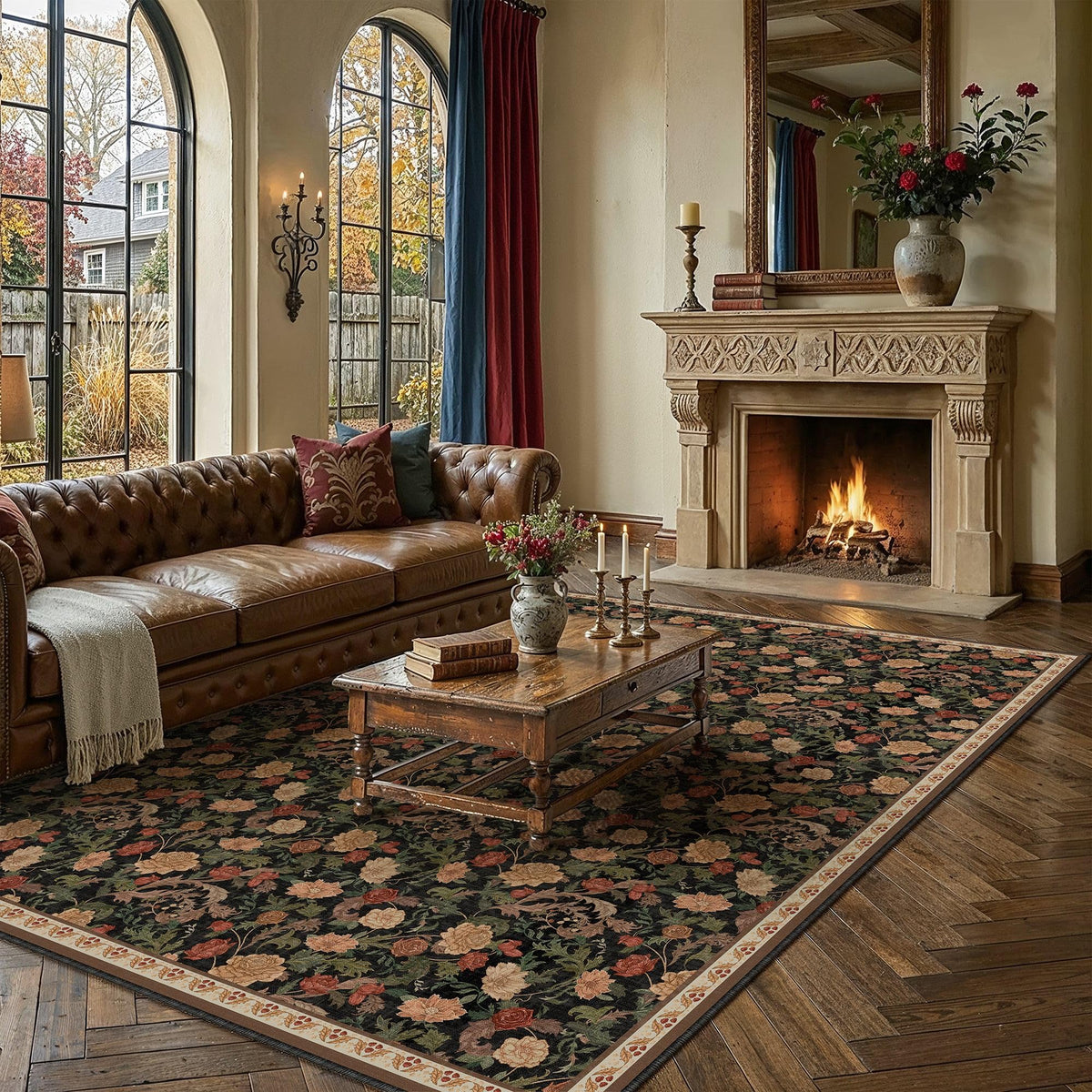 Retro Area Rugs 9x12 Washable Living Room Bedroom Rugs Vintage Floral Throw Carpet Black Brown Stain Resistant Non Slip Low Pile for Home Aesthetic Modern Decor (Retro | Black Brown / 9' x 12' (Rectangular))