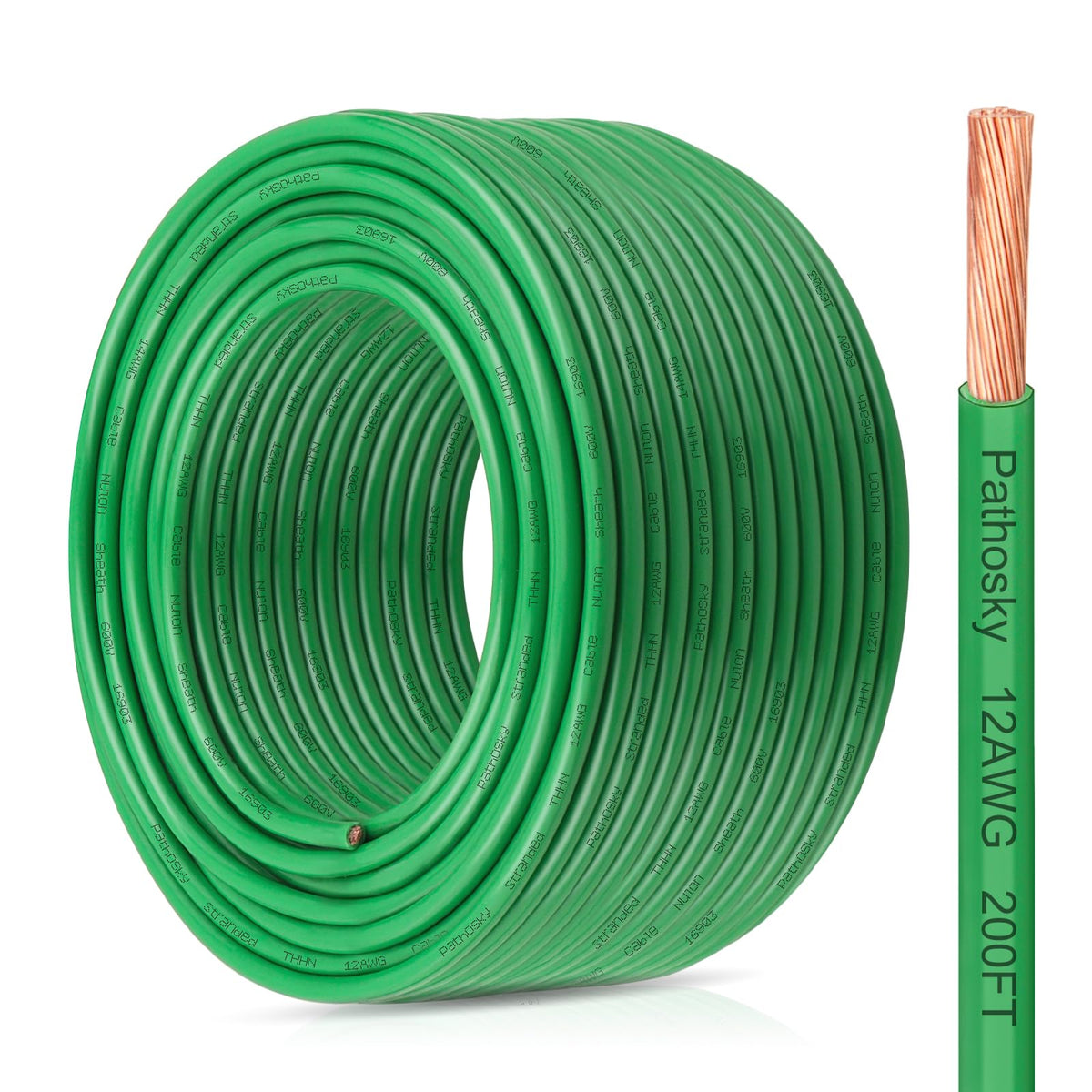 THHN Wire 12 Gauge 200FT Stranded Copper Electrical Building Wire 600V with Nylon Sheath & PVC Insulation (Green / 12AWG 200FT)