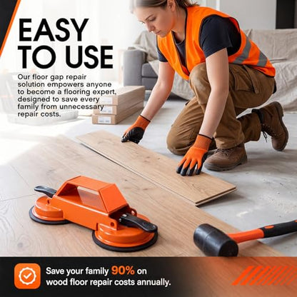 Floor Gap Fixer Tool Heavy Duty 45°Striking Surface Floor Gap Repair Tool Kit Iron Reinforced Suction Cup with Hammer Gloves and Sticky Pads for for Closing Gaps