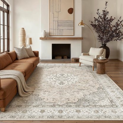 9x12 Washable Area Rug Beige Brown Non Slip Vintage Carpet (Vintage | Beige Brown / 9' x 12' (Rectangular))