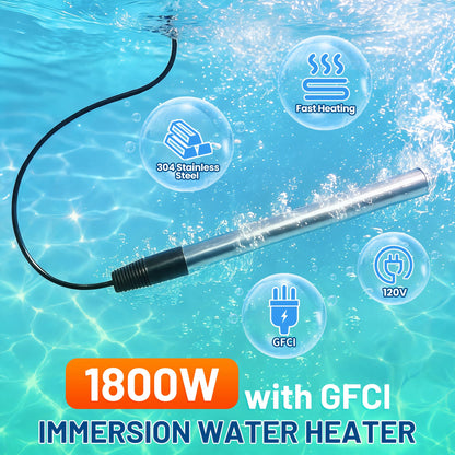 1800W 120V Portable Immersion Water Heater with GFCI for Bathtub (Silver)