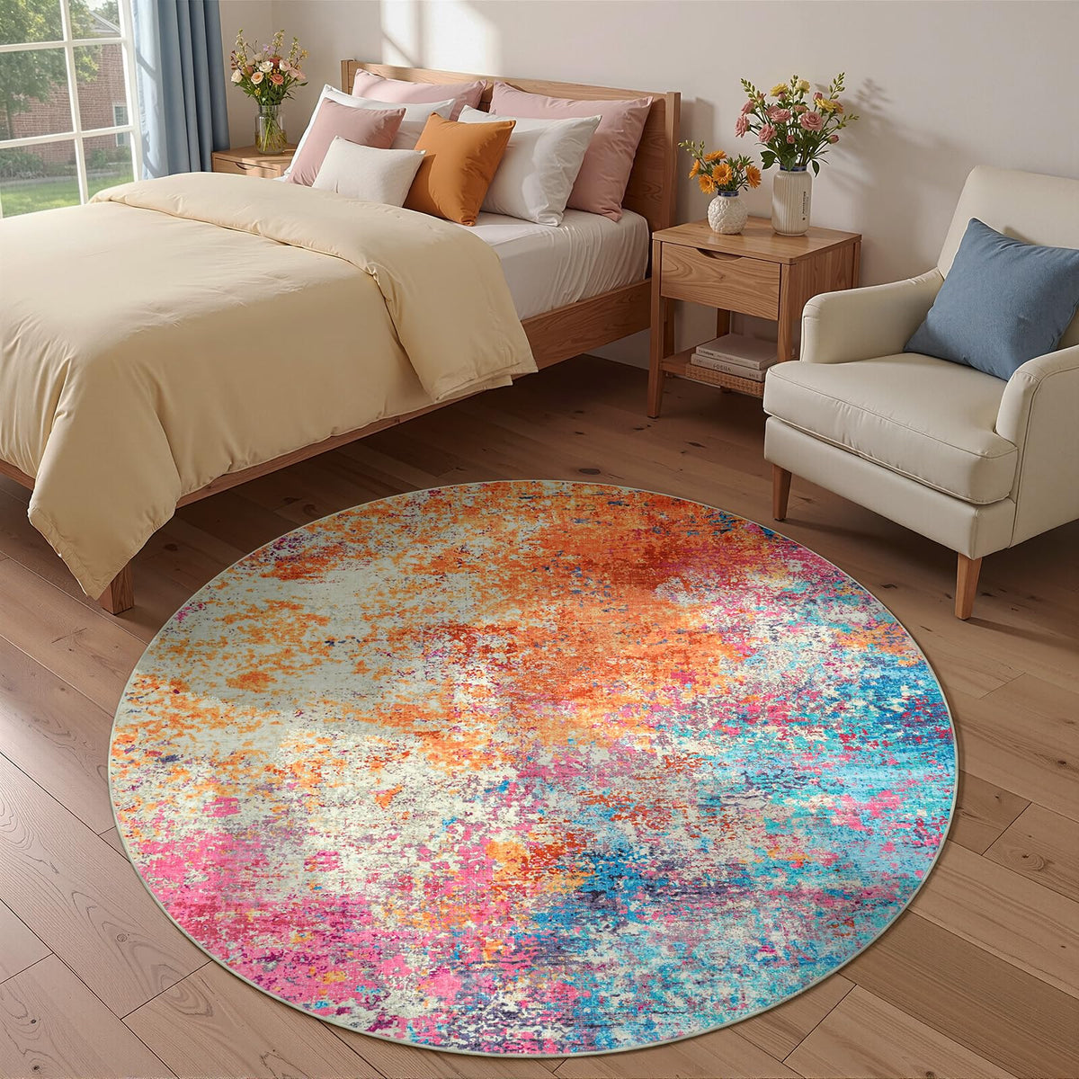 Washable 4ft Round Area Rug (Colorful / 4' (Round))