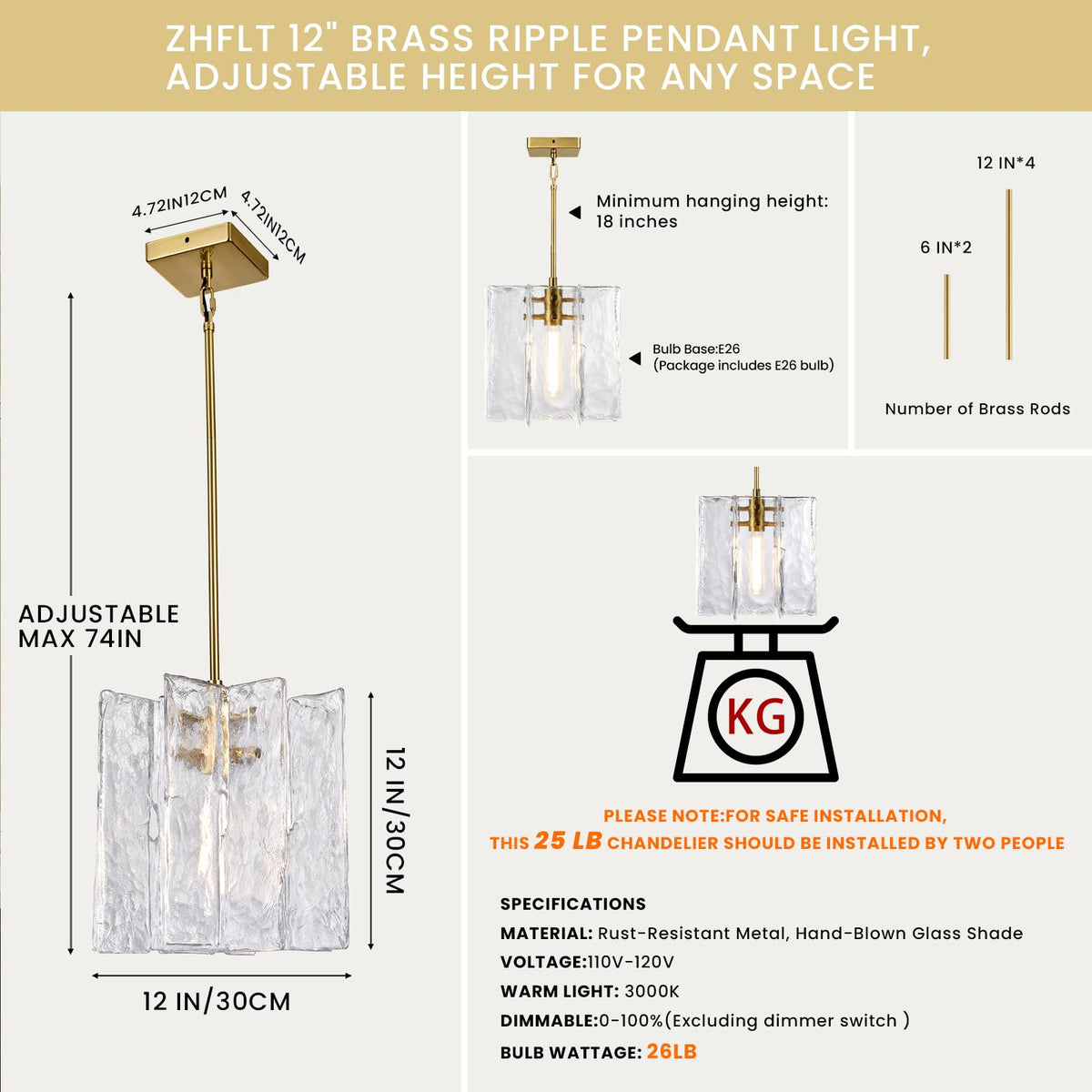 Modern Large Brass Water Ripple Glass Kitchen Pendant Light Fixtures (Brass-12-IN)