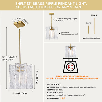 Modern Large Brass Water Ripple Glass Kitchen Pendant Light Fixtures (Brass-12-IN)