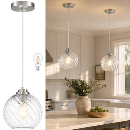 8" Nickel Globe Pendant Light Ribbed Glass Pendant Lights Kitchen Island Height Adjustable Mid (Nickel & Fluted Glass / 8 Inch)