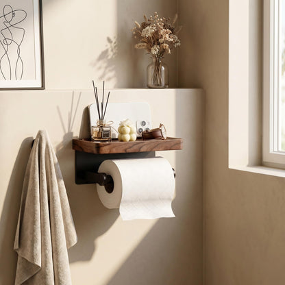 Toilet Paper Holder with Wooden Walnut Shelf (Without Cover)