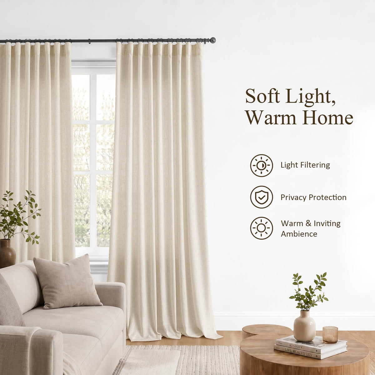 Cream Linen Curtains 80 Inches Long 2 Panels Drapes for Living Room (Linen / 50"W x 80"L (Pack of 2))