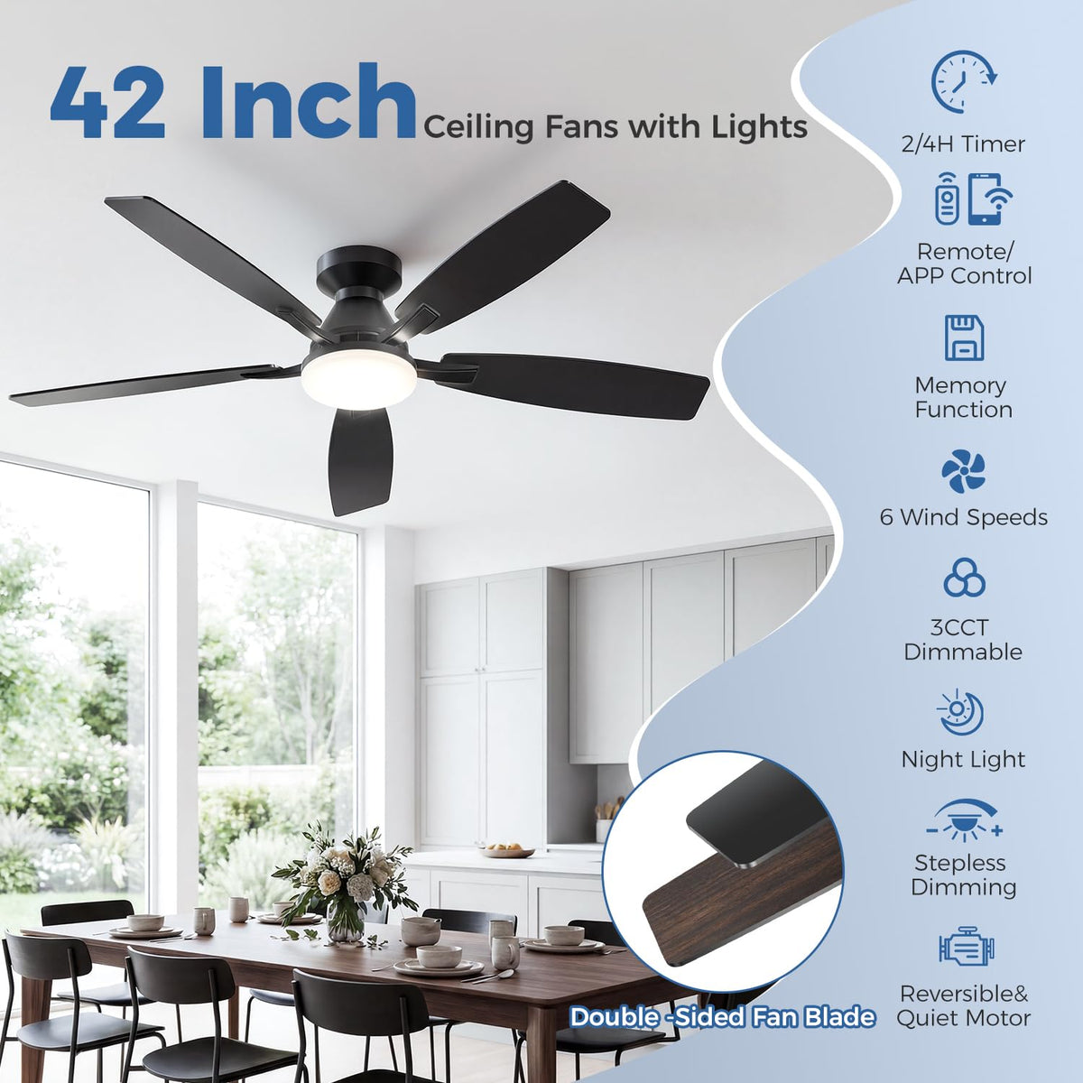 42 Inch Ceiling Fans with Lights (Black&Wood Grain / 42 Inch)