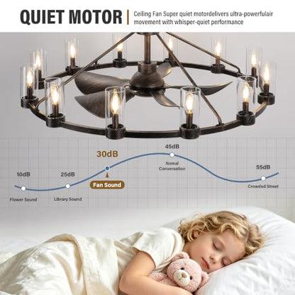 44" Wagon Wheel Chandelier Ceiling Fan with 12 Lights