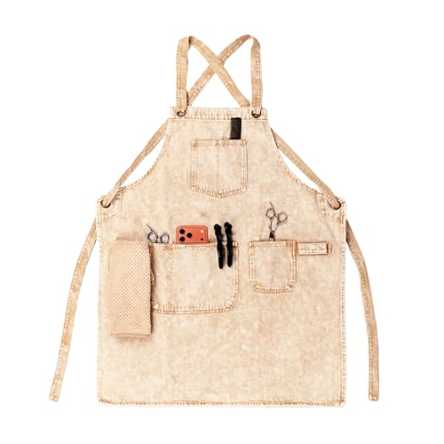 Denim Apron with Pockets and Adjustable Cross Straps for Hair Stylist Salon Nail Tech Barber Women Jean Aprons (Khaki)