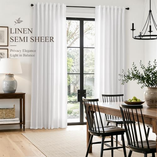 White Linen Curtains 63 Inches Long for Living Room 2 Panels (White / 52"W x 63"L (Pack of 2))