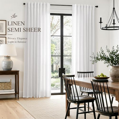 White Linen Curtains 63 Inches Long for Living Room 2 Panels (White / 52"W x 63"L (Pack of 2))