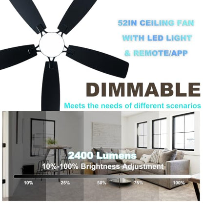 52 Inch Flush Mount Ceiling Fan with Display Remote (Black SY66-52IN)