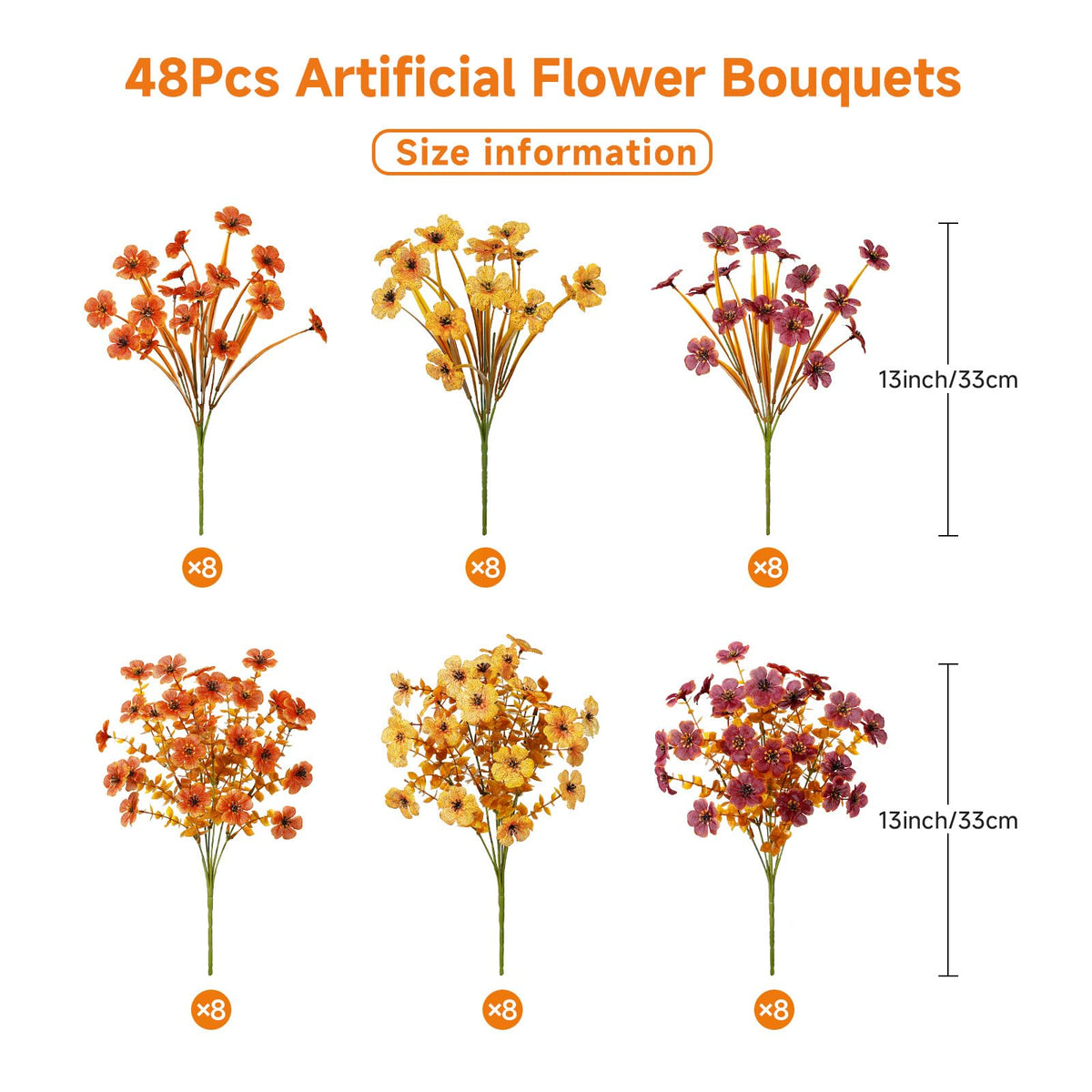 48 Bundles Artificial Fall Flowers (Orange Yellow Brown)