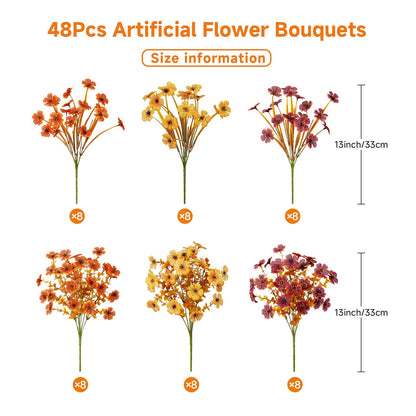 48 Bundles Artificial Fall Flowers (Orange Yellow Brown)