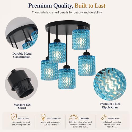Black Ceiling Lights Semi Flush Mount 5 Lights with Blue Glass Shade (5Light-Blue)