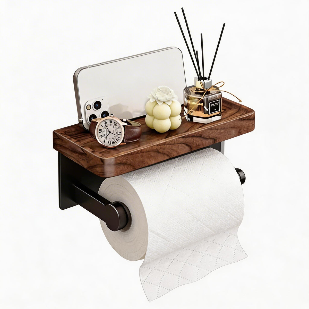 Toilet Paper Holder with Wooden Walnut Shelf (Without Cover)