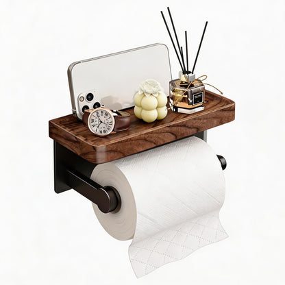 Toilet Paper Holder with Wooden Walnut Shelf (Without Cover)