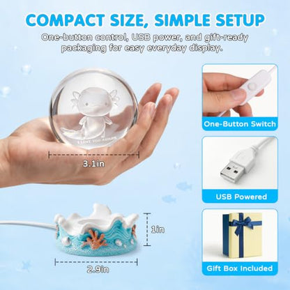 3D Crystal Ball Axolotl Night Light with Resin Base