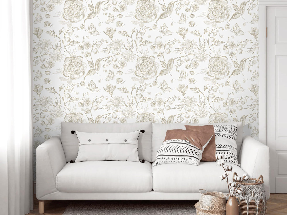 Floral Peel and Stick Wallpaper Boho Beige Contact Paper Neutral Farmhouse Vintage Wall Paper Removable Self Adhesive Wallpaper Bedroom Cabinet Bathroom Waterproof Vinyl Roll 17.3" x 78.7" (Beige and White / 17.3" x 78")