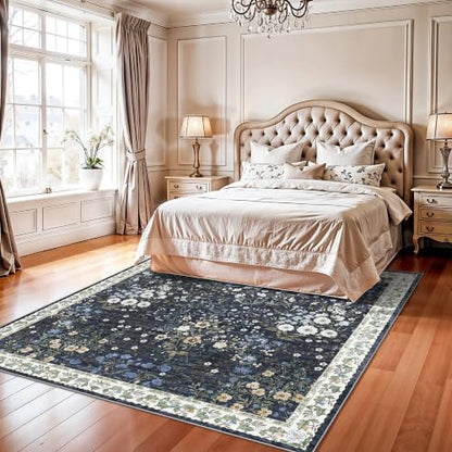 7x7 Vintage Floral Dining Room Rug (Blue / 7x7)