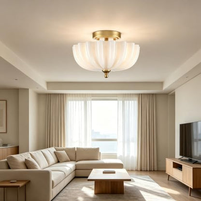 Modern Brass Semi Flush Mount Ceiling Light with Milky Glass Shade