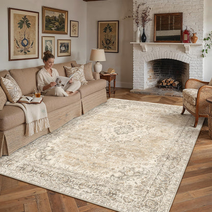 6x9 Taupe Washable Area Rug Non Slip Vintage Carpet (Vintage | Taupe Brown / 6' x 9' (Rectangular))