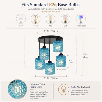 Black Ceiling Lights Semi Flush Mount 5 Lights with Blue Glass Shade (5Light-Blue)