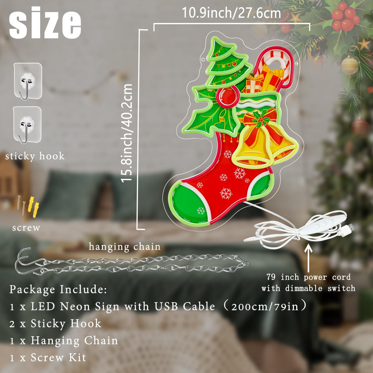 Christmas Stocking Neon Sign Dimmable Christmas Bell Tree LED Neon Light (SDWLD)