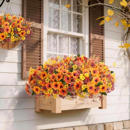 Artificial Fall Flowers for Outdoor Porch Decoration (Color Mixed (2 Orange,3 Yellow,3 Brown,2 Monkey Grass,2 Greenery Plants) / 12 PCS)