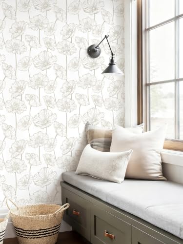 Modern Peel and Stick Wallpaper Beige and White Floral Wallpaper (17.3" x 118.1" / Beige and White)