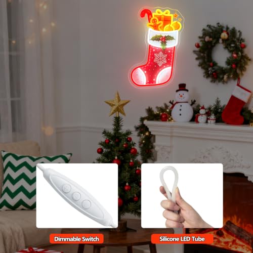 Christmas Stocking Neon Sign Dimmable Xmas Gingerbread Man Led Neon Light (Colorful-Christmas sock)
