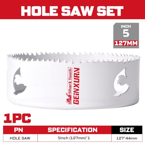 5 Inch(127mm) Hole Saw, 1PC HSS Bi-Metal Hole Saw Kit with Shark Tooth Hole Cutter for Wood,Drywall, PVC Boards and Thin Metal (1 PCS 5")