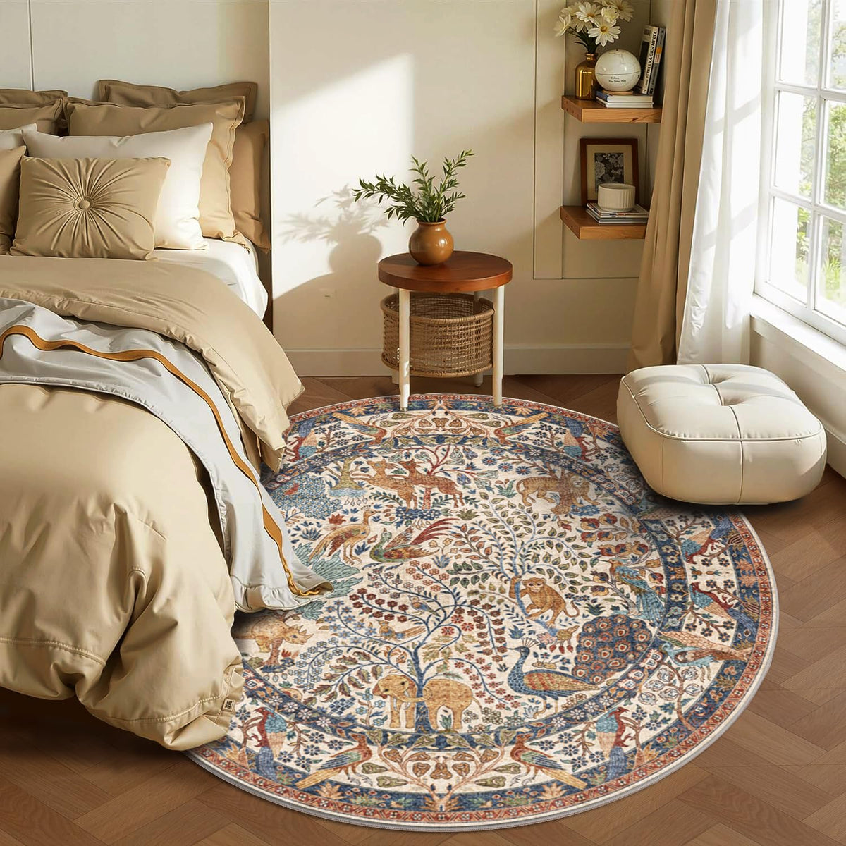 6ft Round Rug Circular Animal Print Area Rug Low Pile Indoor Rug (Beige / 6' (Round))