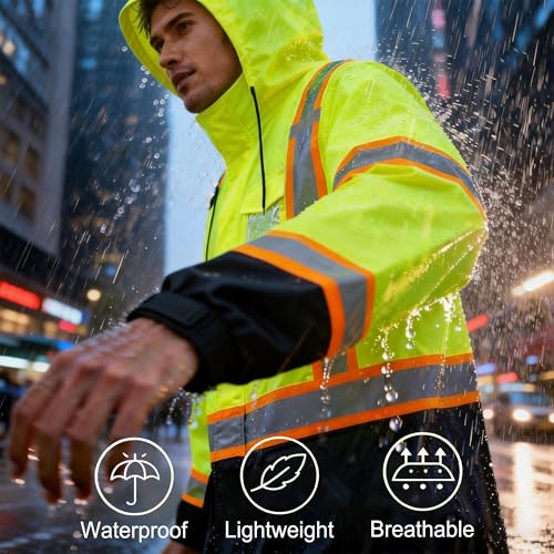High Visibility Reflective Rain Jacket for Men (XX-Large-3X-Large / Yellow-black)