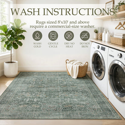 Runner Rug 2x8 Washable Vintage Floral Rug (Moss Green / 2' x 8' (Rectangular))