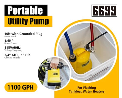 Tankless Water Heater Flushing Kit Includes Submersible Sump Pump with Two Adapters & Cleaner & 3 Gallons Pail with Bucket Lid Opener & Two 1