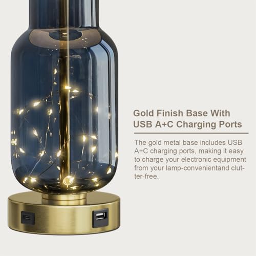 Glass Table Lamps Set of 2 with Nightlight for Bedroom