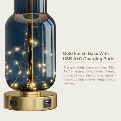 Glass Table Lamps Set of 2 with Nightlight for Bedroom