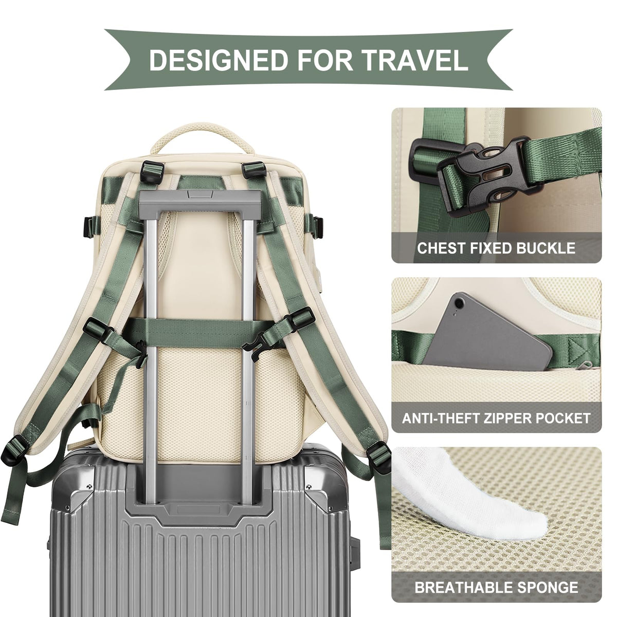 Large Travel Backpack for Women Men (White Green / 30 liters)