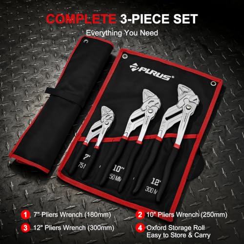 7/10/12-Inch Pliers Wrench, CR-V Adjustable Wrench, Smooth Parallel Jaws, Groove Lock, Non-Slip Handle, with Storage Bag for home, Plumbing, Faucet, Pipe & Home Repair