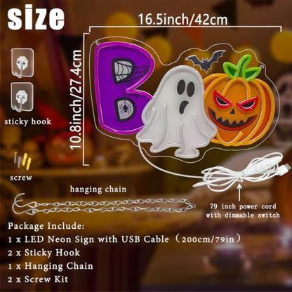 UV Printed Ghost Pumpkin Halloween Neon Sign Dimmable Cute Witch Hat Ghost LED Neon Light for Bedroom Game Room Halloween Party Home Decoration