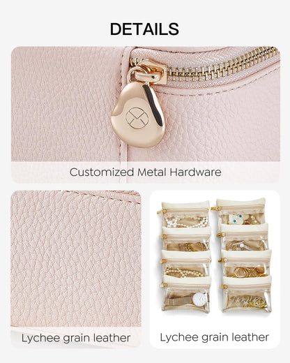 Jewelry Travel Case with 8 Clear Velvet Zipper Pouches (C.8 PCS Pink)