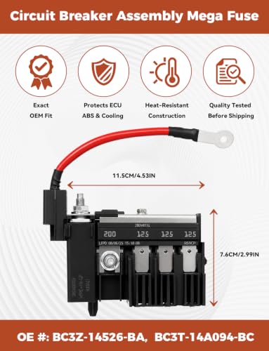 BC3Z-14526-BA Circuit Breaker Assembly Mega Fuse Compatible with 2011-2016 Ford F-250 F-350 F-450 Super Duty 6.7L Power Stroke Diesel, Replaces BC3T-14A094-BC, Multi-Purpose Fuse