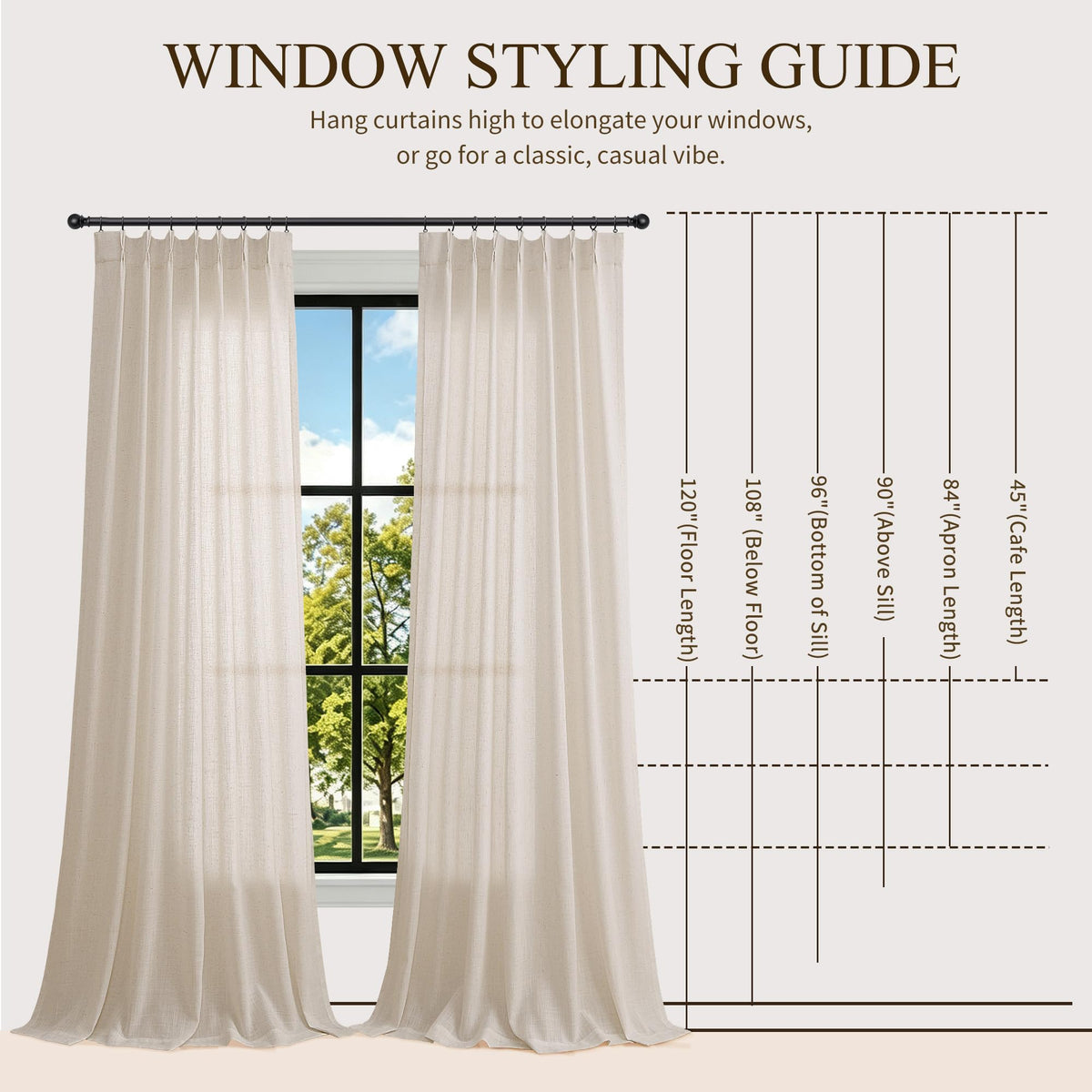 Cream Pinch Pleated Linen Curtains 120 Inch Long for Living Room (Linen / 40"W x 120"L (Pack of 2))