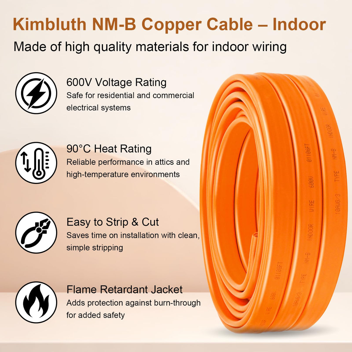 10/3 NM-B with Ground, Solid Indoor Electrical Wire, 50 FT, Orange (Orange / 10AWG/3 50FT)